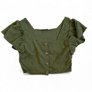 Cotton On Olive Green Button-Up Crop Flutter Sleeve Top